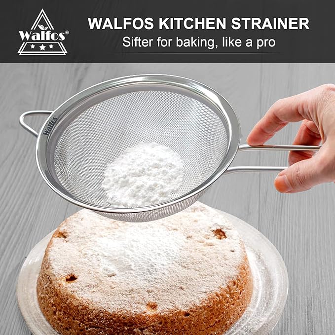 Walfos 7.8 Inch Fine Mesh Strainer, Premium Stainless Steel Colanders and Sifters, with Reinforced Frame and Sturdy Handle, Perfect for Sift, Strain, Drain and Rinse Vegetables, Pastas and Tea