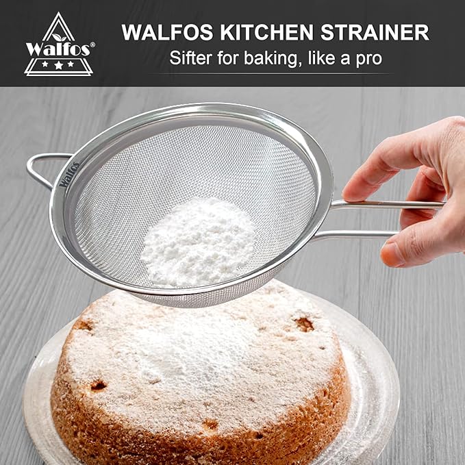 Walfos 6.95 Inch Fine Mesh Strainers, Premium Stainless Steel Colanders and Sifters, with Reinforced Frame and Sturdy Handle, Perfect for Sift, Strain, Drain and Rinse Vegetables, Pastas and Tea