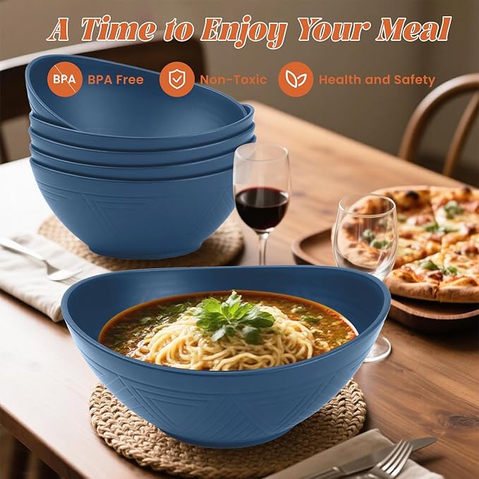 Homienly Wheat Straw Bowl Set of 6-60 OZ Large Salad Bowls,Microwave and Dishwasher Safe Bowl Set, Alternative for Plastic Bowls for Serving Soup,Popcorn Bowl for Kitchen - Blue