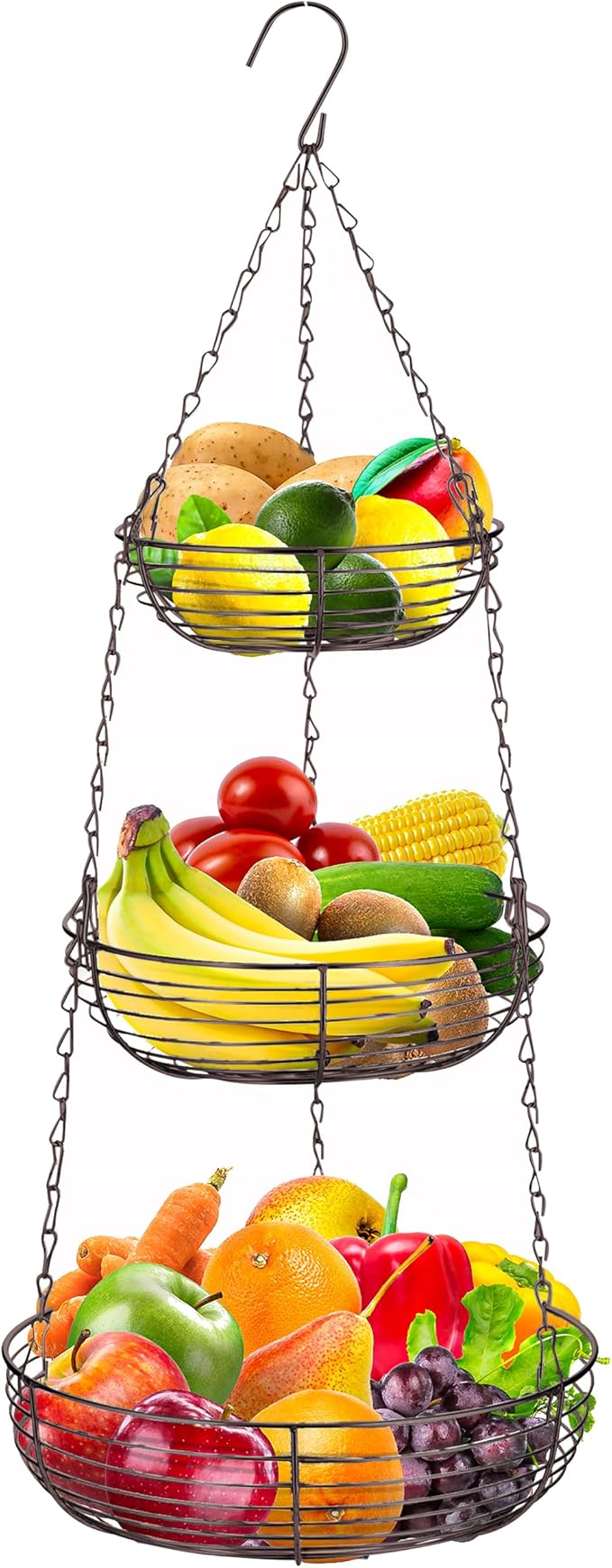 Home Intuition 3-Tier Hanging Fruit Produce Basket Heavy Duty Wire with 2 Metal Ceiling Hooks, Round, Bronze