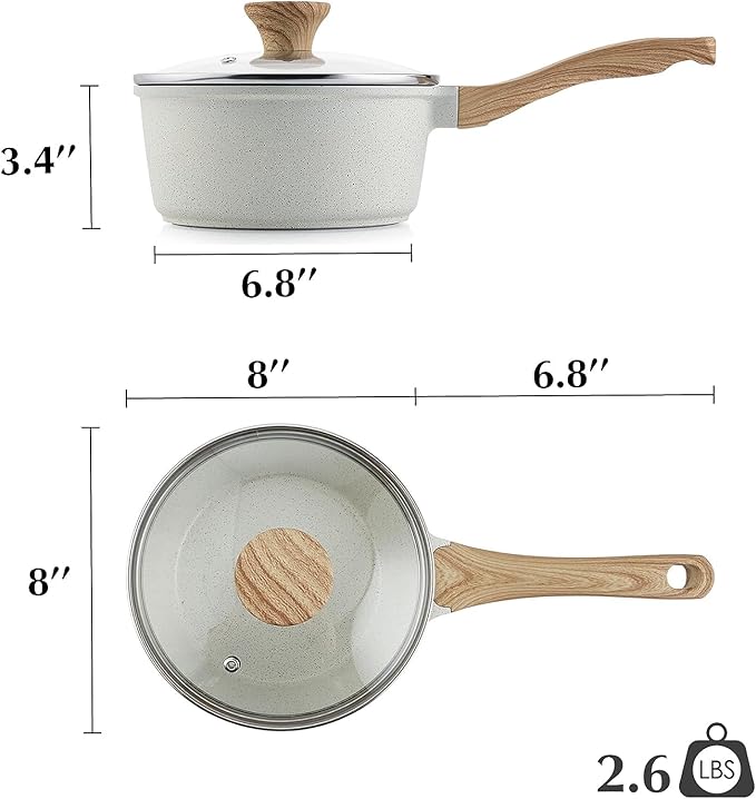 SENSARTE White Ceramic Nonstick Saucepan with Lid Set, Small Cooking Pot with Stay Cool Handle, Induction Compatible Saucepot, White Granite Coating, PFOA/PFAS Free, 2.0 + 2.5QT