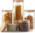 YUNCANG Glass Storage Jars [Set of 5],Clear Glass Food Storage Containers with Airtight Bamboo Lid Stackable Kitchen Canisters for Candy,Cookie,Rice,Sugar,Flour,Pasta,Nuts and Spice Jars(Square)