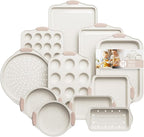 11-Piece Baking Pans Set Nonstick, Stackable Bakeware, Toxin-Free Baking Pans Set with Silicone Handles, Includes Cookie Sheets, Cake Pan, Loaf Pan, Pizza Pan, Muffin Pan, White&Khaki