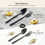 KINGSTONE 48 Pcs Black Hammered Silverware Set with Steak Knives for 8, 18/10 Stainless Steel Heavy Duty Flatware Set, Tableware Cutlery Utensil Sets for Home Restaurant Dishwasher Safe