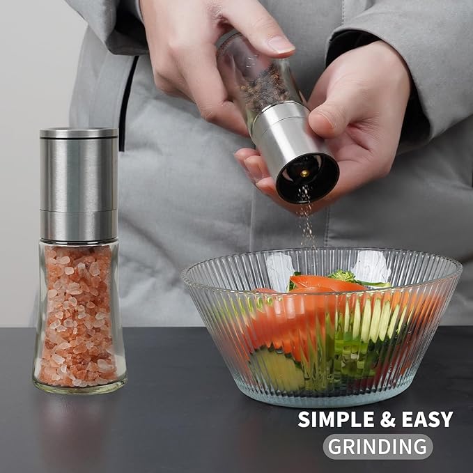 Original Stainless Steel Pepper Grinder or Salt Mill 1pk - Coarseness Adjustable Sea Salt Grinder or Pepper Mill Grinder - Small Manual Salt Pepper Shakers with Glass Container