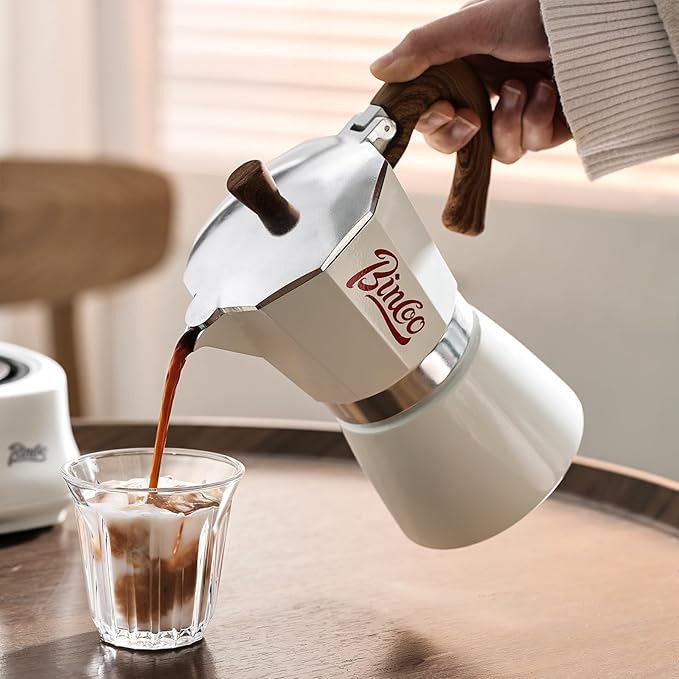 Bincoo Espresso Maker Stovetop, Moka Pot 6 Cups, Espresso Pot Classic Italian Coffee Maker,Single Safety Valve (White, 6 Cup)