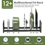 MUDEELA Pot Rack Pan Organizer inside Cabinet - Expandable Pot Lid Organizer for Cabinet with 12 Adjustable Dividers, Cutting Board Organizer Holder Baking Rack Kitchen Cabinet Storage Organization