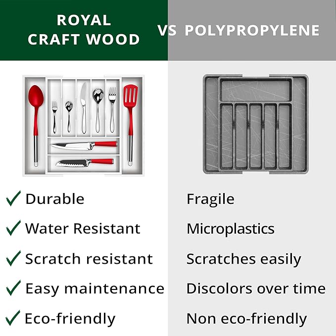 ROYAL CRAFT WOOD Luxury Bamboo Kitchen Drawer Organizer - Silverware Organizer - Utensil Holder and Cutlery Tray with Grooved Drawer Dividers for Flatware and Kitchen Utensils (9 Slot, White)