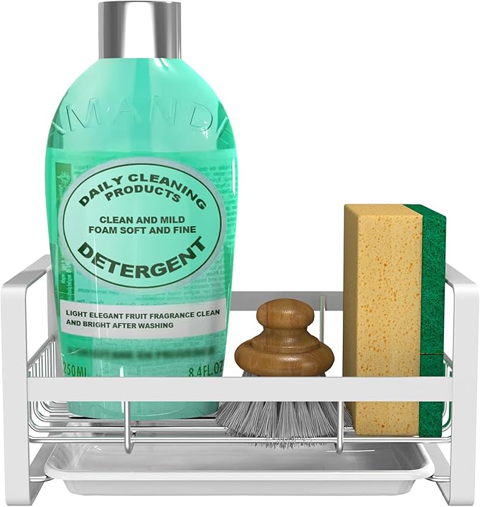 VANTEN Kitchen Sink Caddy - Silver Sink Organizer, Sponge/Soap Dish Dispenser with Brush Holder, Adhesive/Countertop Mount