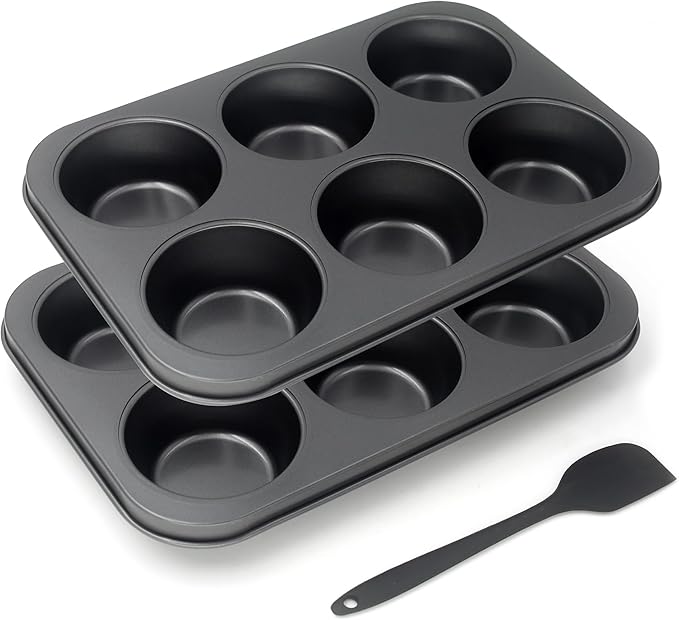 Non-Stick Jumbo Muffin Pans, 6-Cup Set of 2 Baking Pans with a Spatula for Extra-large Muffins & Cupcakes