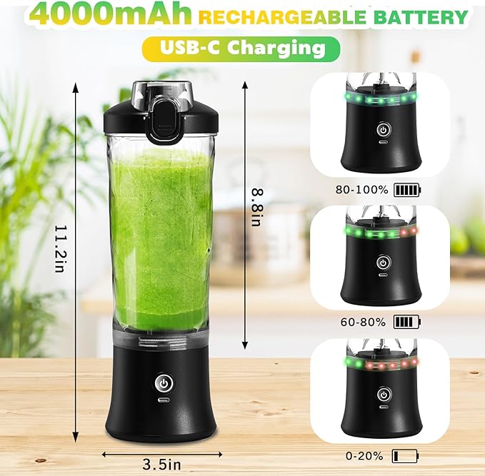 Portable Blender Personal Juicer for Shakes and Smoothies - 20 OZ Electric Protein Shaker Bottle with 6 Blades, Travel Lid, USB-C Rechargeable - Mini Small Blender Cup for Kitchen, Office, Gym