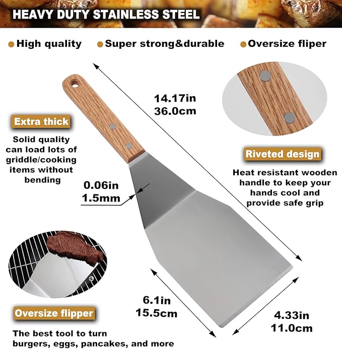 ROMANTICIST 8pcs Professional Griddle Accessories Kit - Heavy Duty Stainless Steel Grill Spatula Set for Grill Griddle Hibachi Flat Top Outdoor Cooking - Great Grill Gift on Birthday Wedding