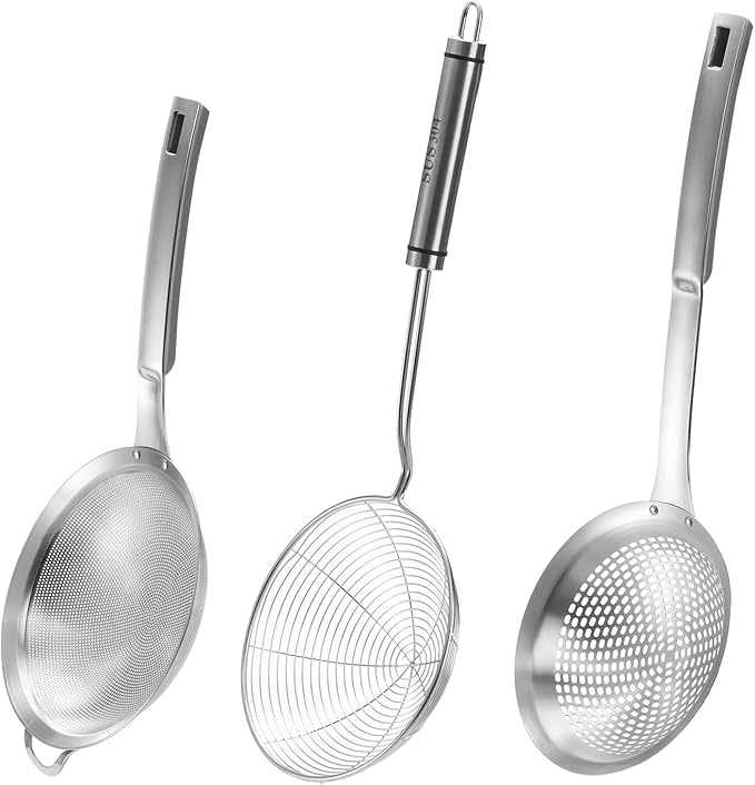 Suwimut 3 Pieces Spider Strainer Skimmer Spoon Set, Fine Mesh Stainless Steel Sieve Food Strainers, Large Hole Slotted Colander Frying Spoons, Strainer Ladle Wire Skimmer Spoon with Handle for Kitchen