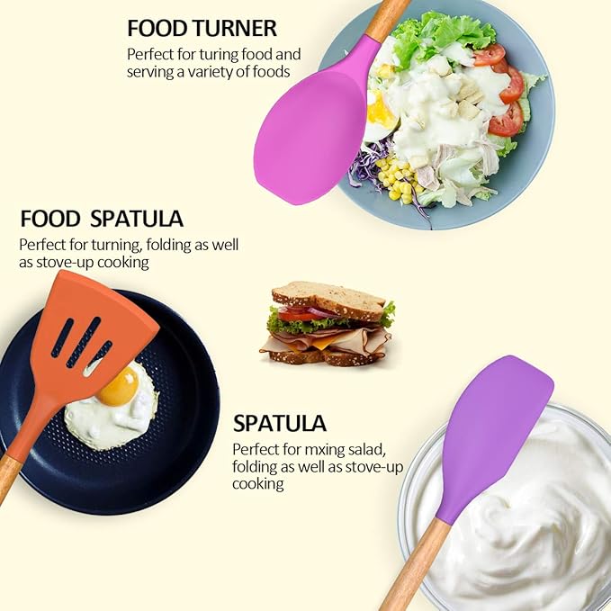 Umite Chef Kitchen Cooking Utensils Set, 33 pcs Non-stick Silicone Cooking Kitchen Utensils Spatula Set with Holder, Wooden Handle Silicone Kitchen Gadgets Utensil Set (Colorful)