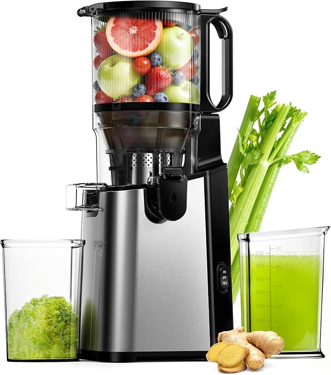 Juicer Machines, EUHOMY 5.8" Wide Feed Chute Cold Press Juicer for Whole Vegetables & Fruits with 400W, High Juice Yield, Easy to clean, Black Stainless Steel