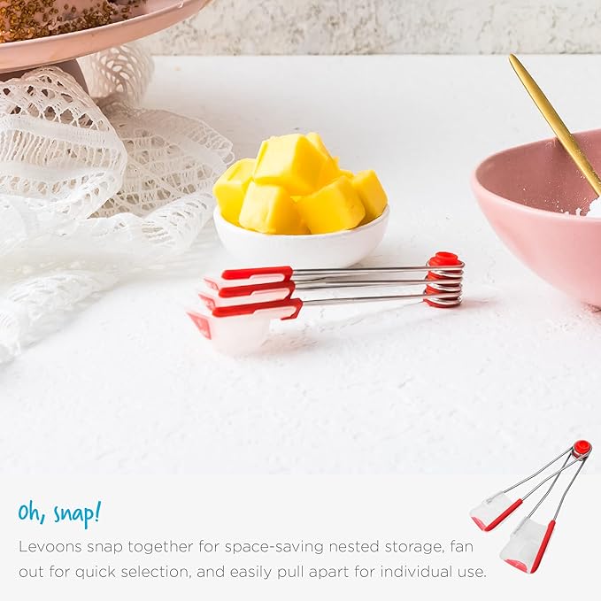 Dreamfarm Levoons Self-Levelling Measuring Spoon Set, Measures 1/4 Teaspoon up to 1 Tablespoon - Pack of 4, Red