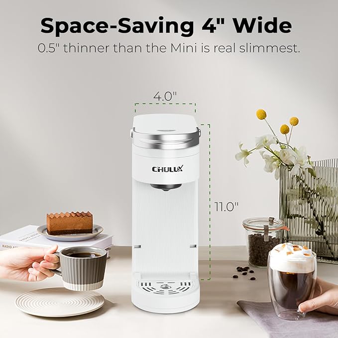 CHULUX Slim Single Serve Coffee Maker for K Pod, One Cup Coffee Maker Fits 7.3" Travel Mugs, Coffee Machine with 6 to 12oz Brew Sizes, Pearl White