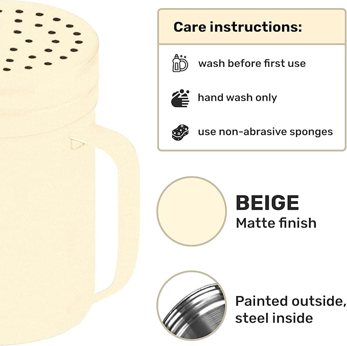 CUSINIUM 14oz Beige Stainless Steel Salt Pepper Dredge Shakers - With Plastic Cap - With Handle - Pack of 2