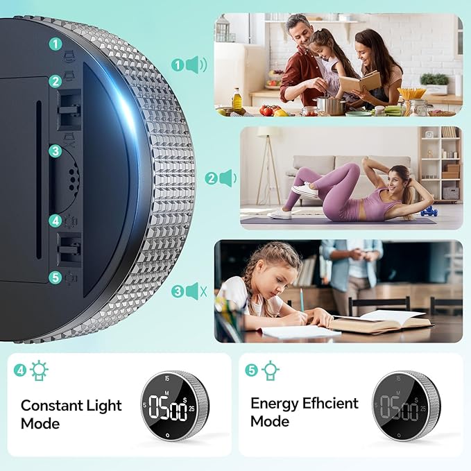 Digital Kitchen Timer with Magnetic, Large LED Display Countdown/Countup Timer, Pomodoro Preset 5/15/25 Mins, Volume & Brightness Adjustable for Cooking Baking Working Studying Silver