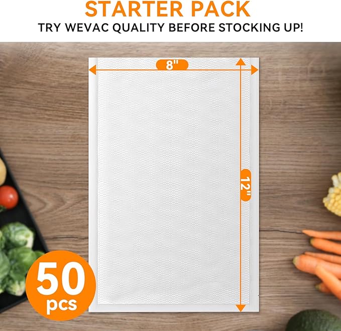Wevac Vacuum Sealer Bags – 50 Count (8″×12″), Heavy-Duty BPA-Free Food Storage Bags, Puncture-Resistant, Freezer & Sous Vide Safe, Compatible with All Vacuum Sealers