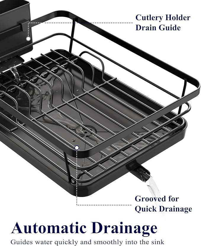 Kitsure Dish Drying Rack for Kitchen Counter, Stainless Steel Sink Organization and Storage Essentials with Cutlery Holder, Home and Appartment Decor, 12''W x 15.5''L, Black