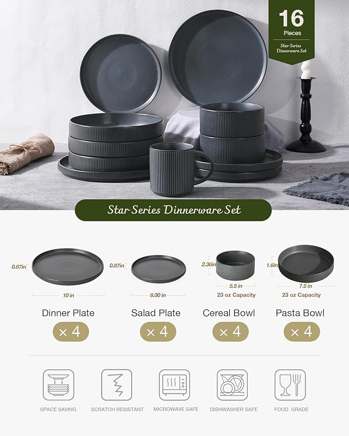 Famiware Star Dinnerware Set with Pasta Bowls, Service for 4 (16pcs), Ribbed Stoneware Plates and Double Bowls Dishes Sets - Chip & Scratch Resistant, Microwave & Dishwasher Safe, Matte Dark Charcoal