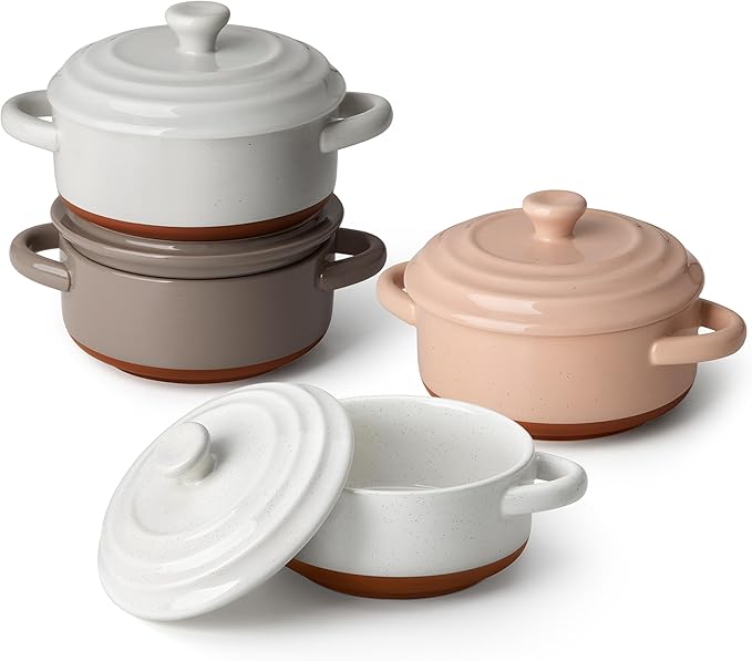MALACASA Mini Cocotte Set - 12 OZ Small Casserole Dishes for Oven with Lids and Handles, Ramekins Oven Safe, Ceramic Mini Dutch Oven Set of 4, Microwave & Dishwasher Safe, Multicolor, Series TARA