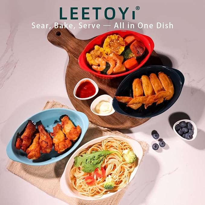 LEETOYI Porcelain Small Oval Au Gratin Pans,Set of 4 Baking Dish Set for 1 or 2 person servings, Bakeware with Double Handle for Kitchen and Home, Turquoise