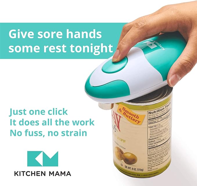 Kitchen Mama Auto Electric Can Opener: Open Your Cans with A Simple Press of Button - Automatic, Hands Free, Smooth Edge, Food-Safe, Battery Operated, YES YOU CAN (Teal)