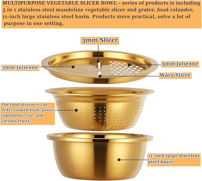 3PC/Set Colander set Stainless Steel Vegetable Slicer Fruit Potato Peeler Carrot Grater Strainer Utensil Round Rice Washer Bowl Drain Basket-Gold