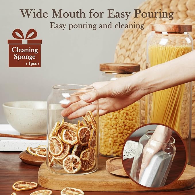Labina Glass Storage Container Airtight Food Jars Kitchen Canister with Wood Lids, 33 Oz Wide Mouth Pantry Organization Glass Jar for Flour, Sugar, Cookie, Spagetti, Nuts and Candy