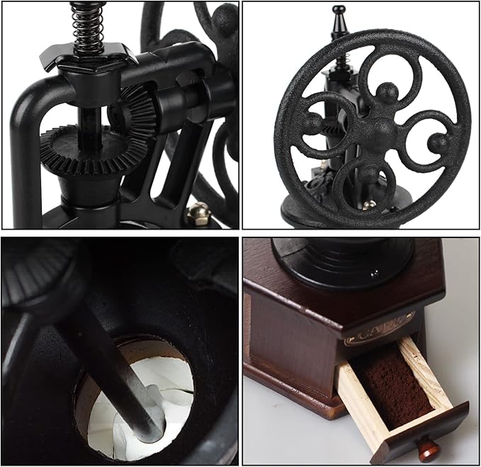 Coffee Grinder,Wooden Coffee Bean Grinder Manual Coffee Grinder Roller, Antique Coffee Mill with Cast Iron Hand Crank for Making Mesh Coffee, Decoration, Best Gift (Brown (six deformation base))