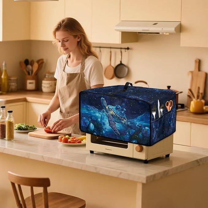 Starry Sky Ocean Turtle Print Toaster Oven Dust-proof Cover, Heat-resistant Anti Fingerprint Microwave Oven Cover, Compatible with Most Small Appliance (Medium-16.1 * 19.71 * 10 inches)