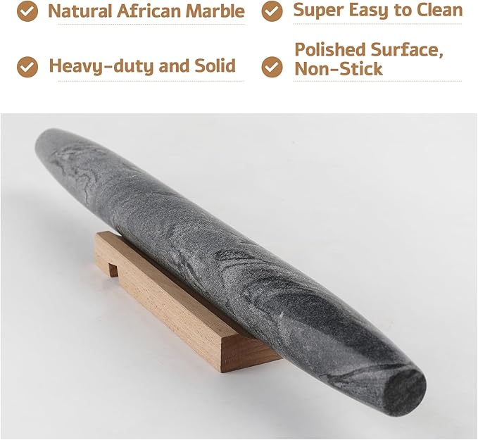 Koville African Natural Marble French Rolling Pin, 16inch Non-Stick Rolling Pin for Baking, Dough Roller for Pasta, Dumpling, Fondant, Pie, Bread, Pizza, Kitchen Baking Tools(Monte Grigio)