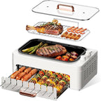 XHJ 4-in-1 Electric Indoor Grill Smokeless for Home,Countertop Electric Grill with Removable Sizzling Grill Pan & Grate + Auto Rotating Kabob Skewers + Electric Hot Dog Roller Dual Zone Cook with Lid