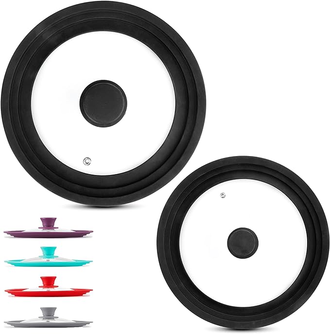 Modern Innovations Universal Lids (Set of 2) Fits 7 to 12-Inch Cookware, Silicone Replacement Pan Lid, Glass Top Covers for Skillets, Pots, Frying Pans, Cast Iron, CrockPot - Black