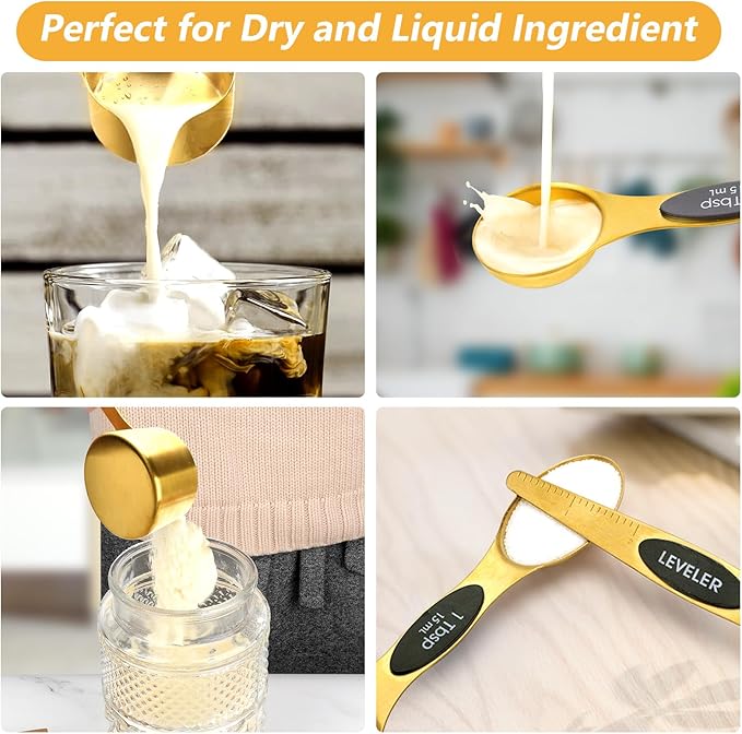GuDoQi 15pcs Gold Magnetic Measuring Spoons and Cups Set, Stainless Steel 8 Dual Sided Magnetic Measuring Spoons set with Leveler, 7 Cups, Measurement for Liquid and Dry Ingredients for Kitchen