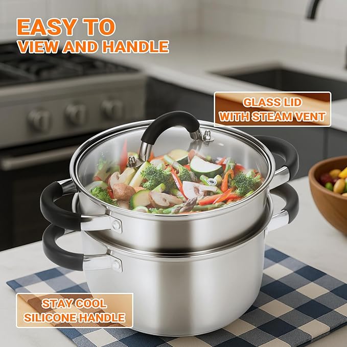 Kirecoo 3.2QT Steamer for Cooking - Stainless Steel Steam Pot with Steamer Basket, Cooking Stock Pot with Silicone Handle, Lid for Vegetable, Dumplings, Soup, Food, 3Ply Bottom Boiling Stew Cookware