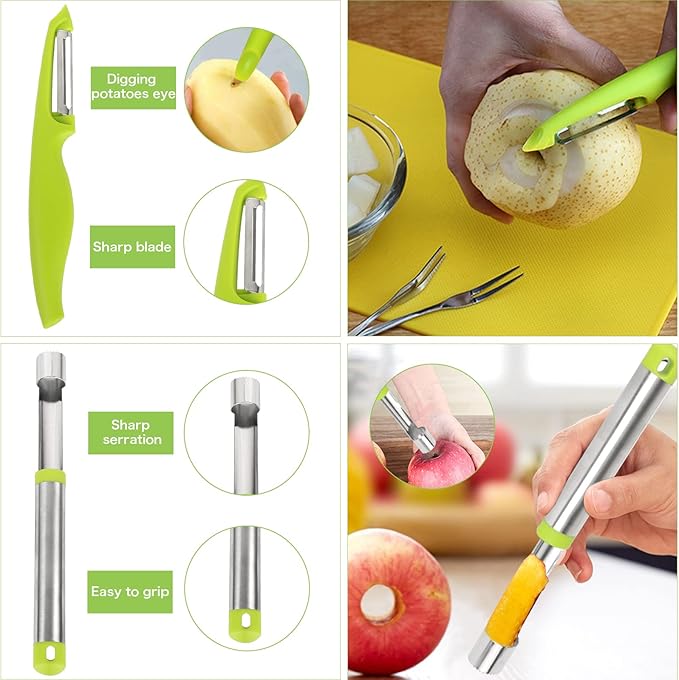 14 Pack Melon Baller Scoop Set - 4 in 1 Stainless Steel Fruit Tool Set Fruit Scooper Seed Remover with Fruit Vegetable Cutter Shapes Set Fruit Peeler for Fruit Slicer Dig Pulp Separator