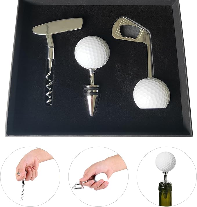Golf Club Bottle Opener, Wine Opener & Stoppers Set Zinc Alloy Manual Wine Bottle Opener for Golf & Wine Lovers, Set of 3