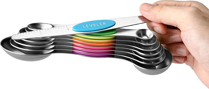 Spring Chef Stainless Steel Magnetic Measuring Spoons Set of 8 with Leveler, Nesting Metal Teaspoon & Tablespoon Measuring Spoons, Kitchen Gadgets for Baking & Cooking, Fits in Most Spice Jars - Neon