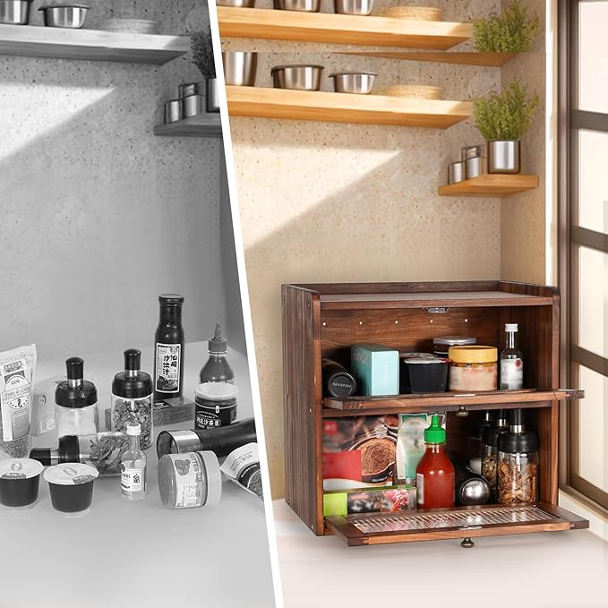 Sunhoo Bread Box for Kitchen Countertop Wooden Bread Storage Container Bin 2 Layer Breadbox Holder Large Capacity Keeper Vintage Farmhouse Food Organizer Pantry Shelf Acrylic Window（Black）