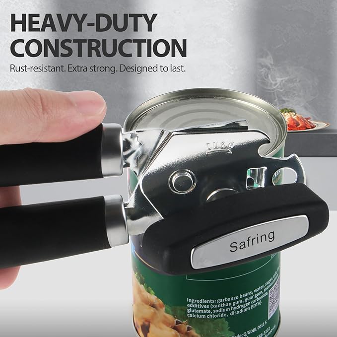 Safring Can Opener Manual, Heavy Duty Handheld Strong Can Opener with Soft Touch Handle, Sharp Blade Smooth Edge, Can Openers with Multifunctional Bottle Opener, Black