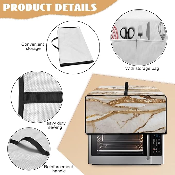 Marble Print Toaster Oven Cover, Heavy-Duty Dust Shield Kitchen Decorative Countertop Oven Protector, Microwave Air Fryer Cover, Light Gold White, (Medium-16.1*19.71*10 inches)