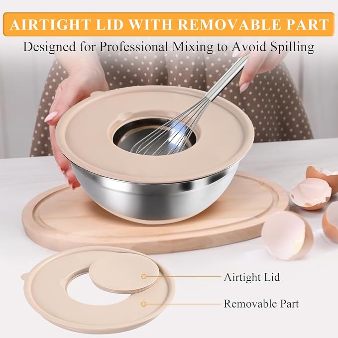 Mixing Bowls with Airtight Lids Set, 20 PCS Kitchen Gadgets Set, 6 Stainless Steel Bowls,3 Grater Attachments,Non-Slip Silicone Bottoms,Great for Serving&Baking,Size 5, 4, 3.5, 2.1, 1.5, 1.1QT (Khaki)