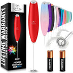Zulay Kitchen Milk Frother Wand Drink Mixer with AA Duracell Batteries- Durable Handheld Milk Frother Electric Whisk - Easy-Clean Milk Frother Wand & Mini Blender - Electric Coffee Frother - Red
