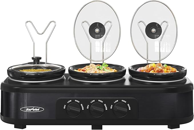 3 * 1.5 Quarts Triple Slow Cooker, Buffet Server & Warmer with 3 Removable Ceramic Pots, 3 Adjustable Temp Settings & 3 Metal Lid Rests, Stainless Steel, Black