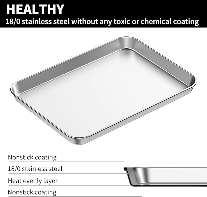 Baking Sheet Set of 2, Stainless Steel 2-Piece Cookie Sheet, Toaster Oven Baking Pan Set, Rectangle Size 16 x 12 x 1 inch, Healthy & Non Toxic, Mirror Finish & Rust Free, Dishwasher Safe