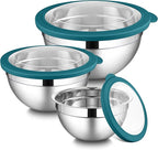 LIANYU Stainless Steel Metal Mixing Bowls, 3 Packs Deep Nesting Mixing Bowls Set for Baking Cooking and Prepping, 4.6 & 3 & 1.5QT Large and Small Size, Include Visible & Airtight Lid, Blue