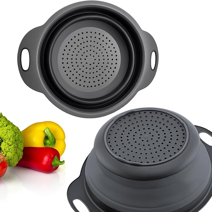 Small Food Strainer for Kitchen - Black Silicone Colander with Handle for Spaghetti and Pasta Multifunctional Colander for Camping